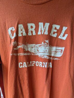 Carmel California distressed tee shirt orange large long slv